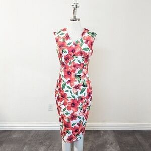 Calvin Klein Floral V Neck Scuba Knit Dress White Red Green 4 summer wedding